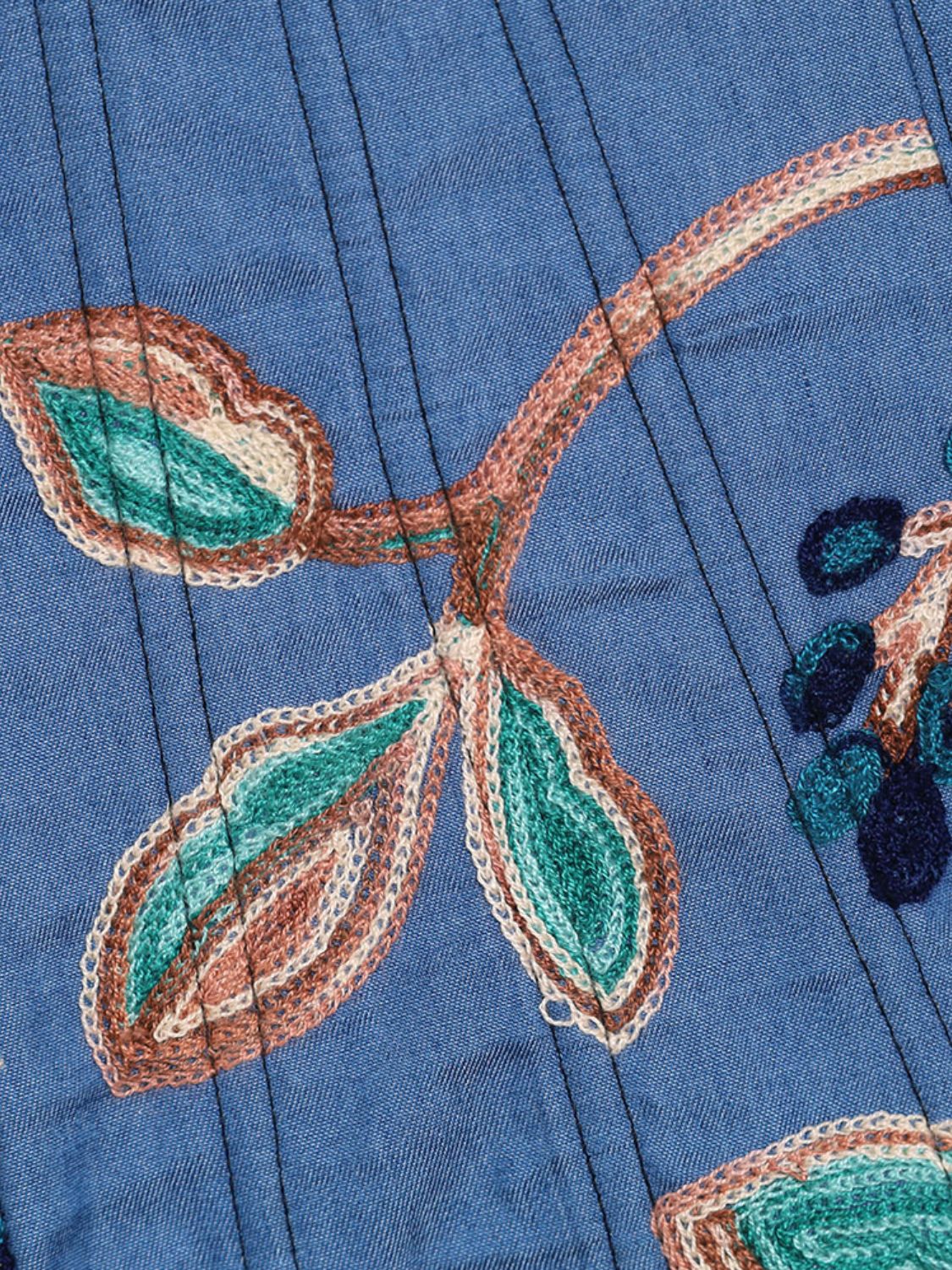 Embroidered Rhinestone Fringe Lace-Up Denim Under-Bust Corset