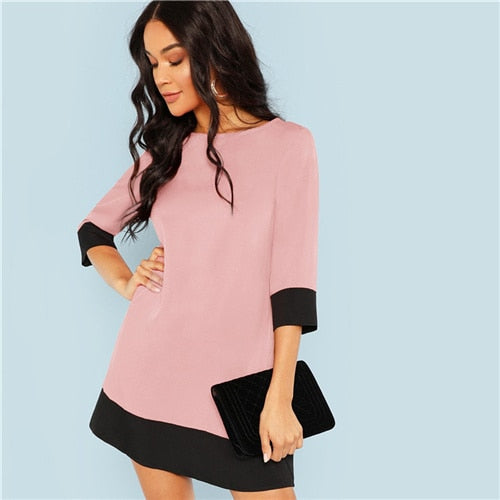 Pink Office Lady Color Block Dress