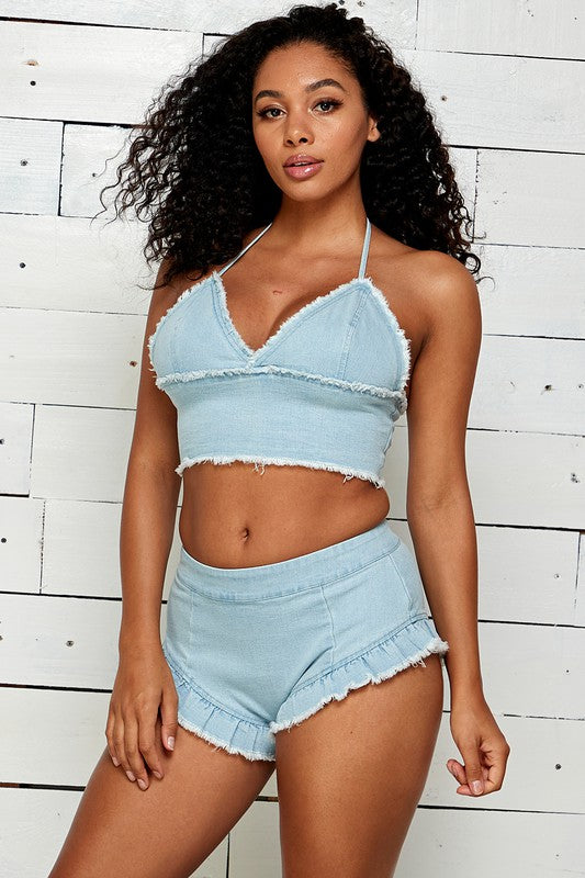 SEXY DENIM RUFFLED SHORTS WITH DENIM BRA TOP