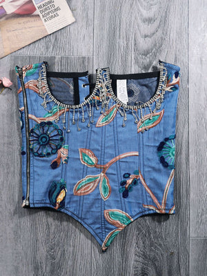 Embroidered Rhinestone Fringe Lace-Up Denim Under-Bust Corset