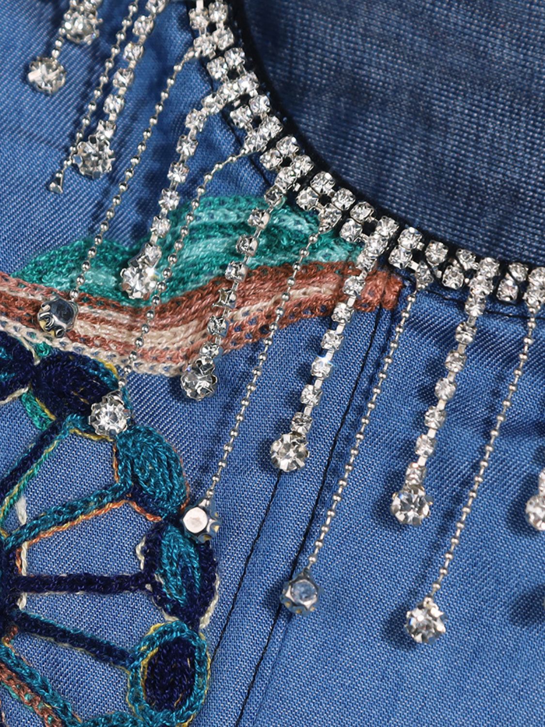 Embroidered Rhinestone Fringe Lace-Up Denim Under-Bust Corset