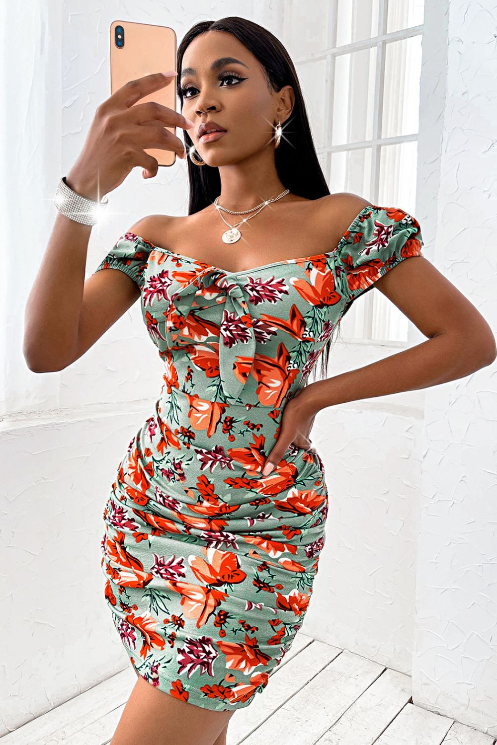 Floral Ruched Bow Detail Bodycon Dress