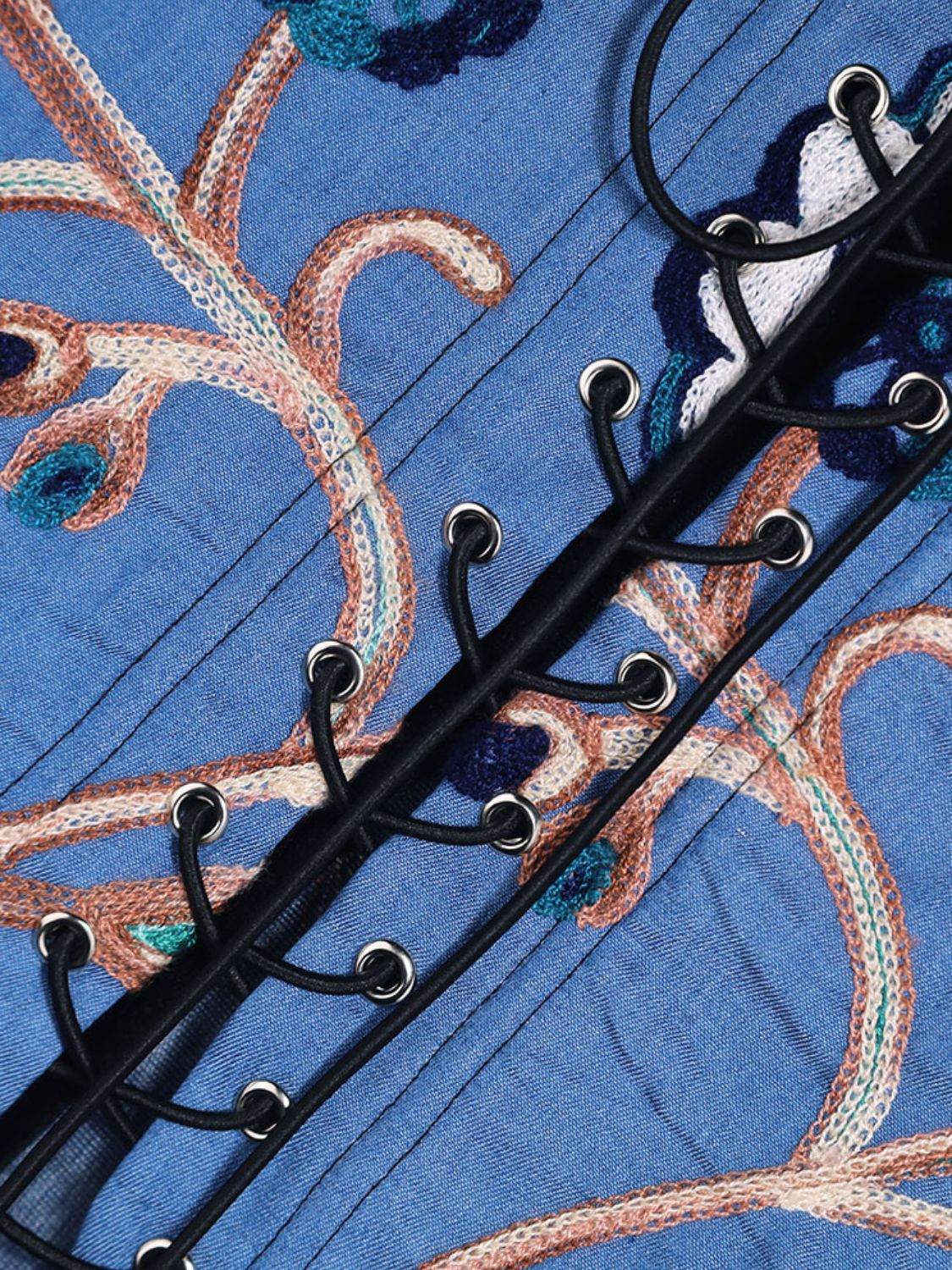 Embroidered Rhinestone Fringe Lace-Up Denim Under-Bust Corset