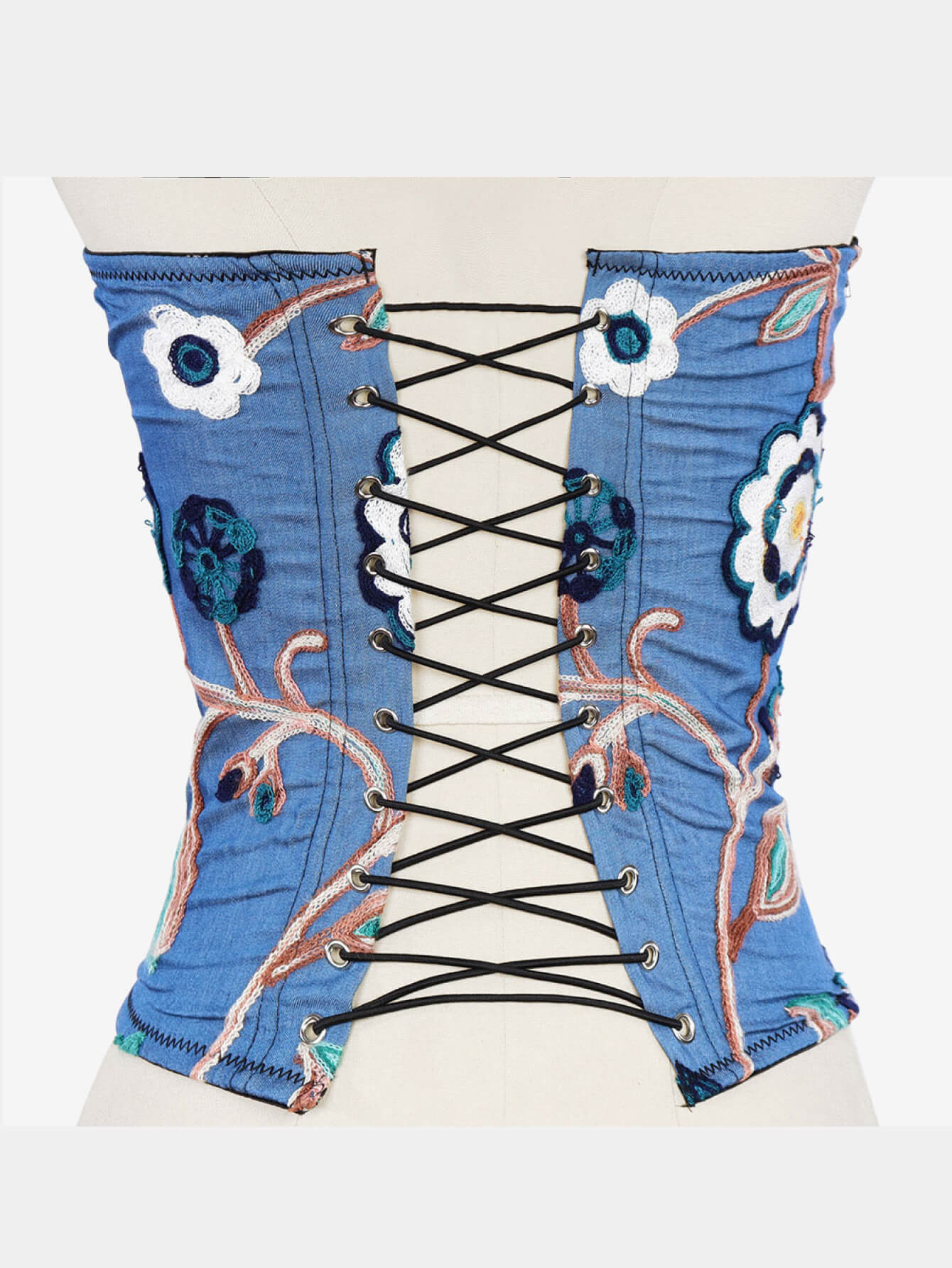 Embroidered Rhinestone Fringe Lace-Up Denim Under-Bust Corset