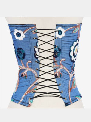 Embroidered Rhinestone Fringe Lace-Up Denim Under-Bust Corset