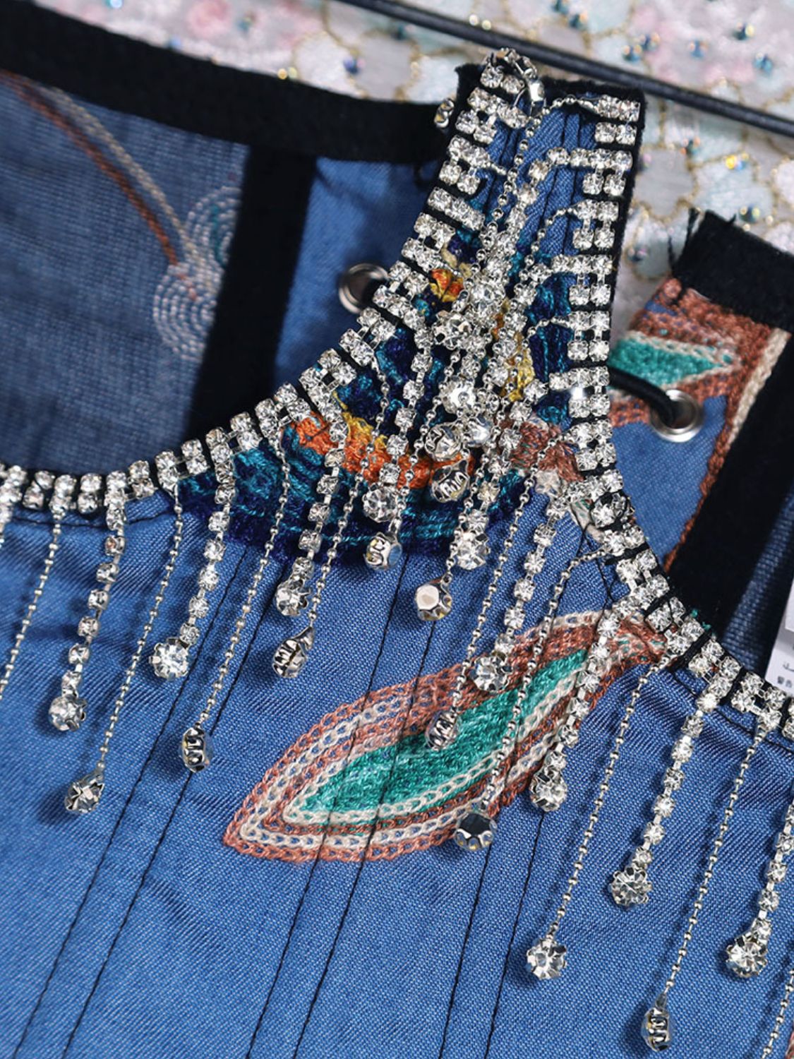 Embroidered Rhinestone Fringe Lace-Up Denim Under-Bust Corset