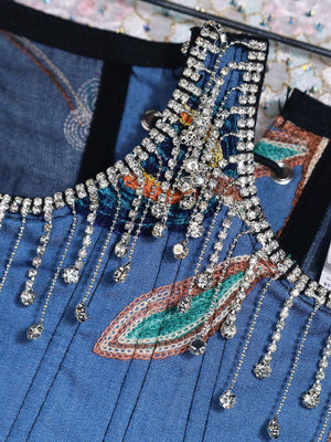 Embroidered Rhinestone Fringe Lace-Up Denim Under-Bust Corset