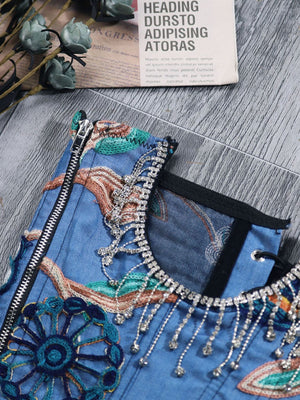 Embroidered Rhinestone Fringe Lace-Up Denim Under-Bust Corset