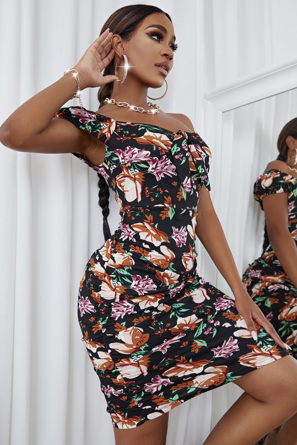Floral Ruched Bow Detail Bodycon Dress