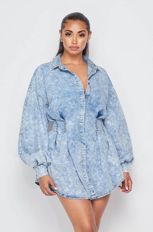 Acid Blue Long Sleeve Jean Style Dress