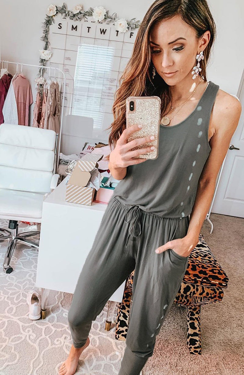 Sleeveless Laced Up Belt Jumpsuit Romper w/Pockets