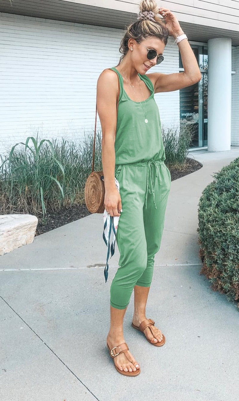 Sleeveless Laced Up Belt Jumpsuit Romper w/Pockets