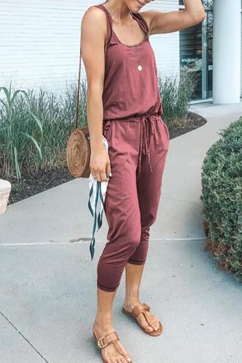 Sleeveless Laced Up Belt Jumpsuit Romper w/Pockets