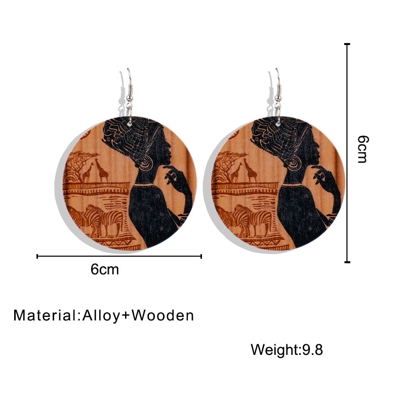 Ethnic Vintage African Pattern Round Wooden Earrings