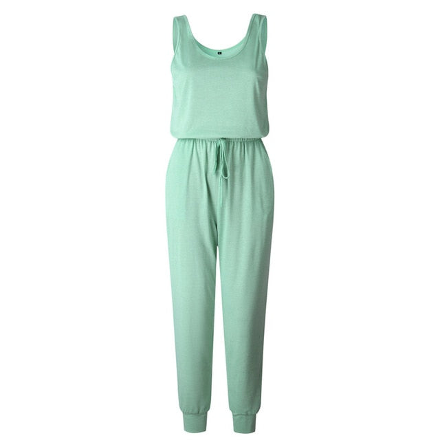 Sleeveless Laced Up Belt Jumpsuit Romper w/Pockets