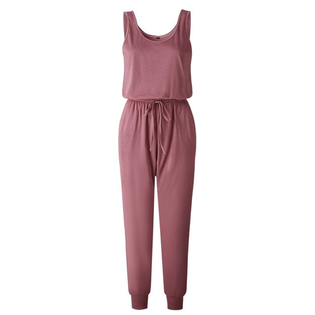 Sleeveless Laced Up Belt Jumpsuit Romper w/Pockets