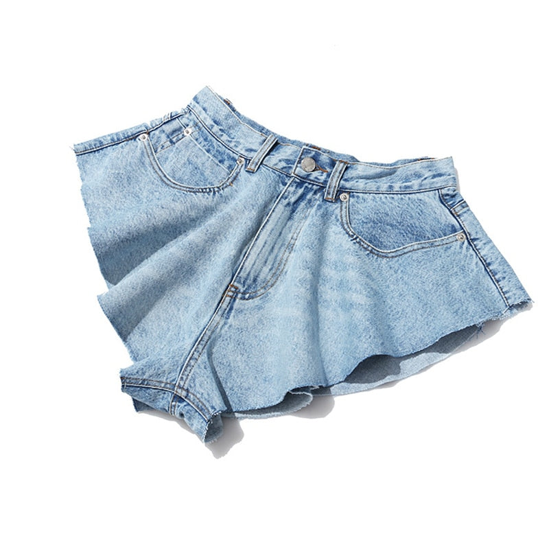 Casual Denim Shorts Skirts with High Waist and Ruffle Hem