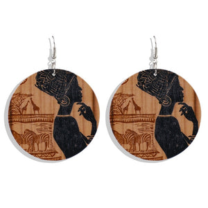 Ethnic Vintage African Pattern Round Wooden Earrings